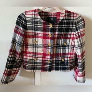 New elegant tweed jacket plaid pattern with gold plated buttons size small US 4